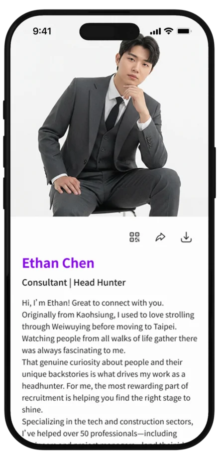 Ethan's business profile card preview