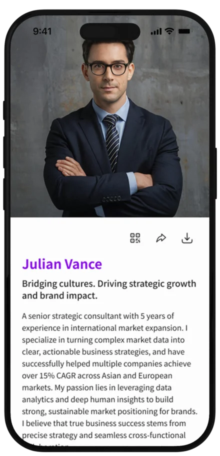 Julian's professional profile card preview
